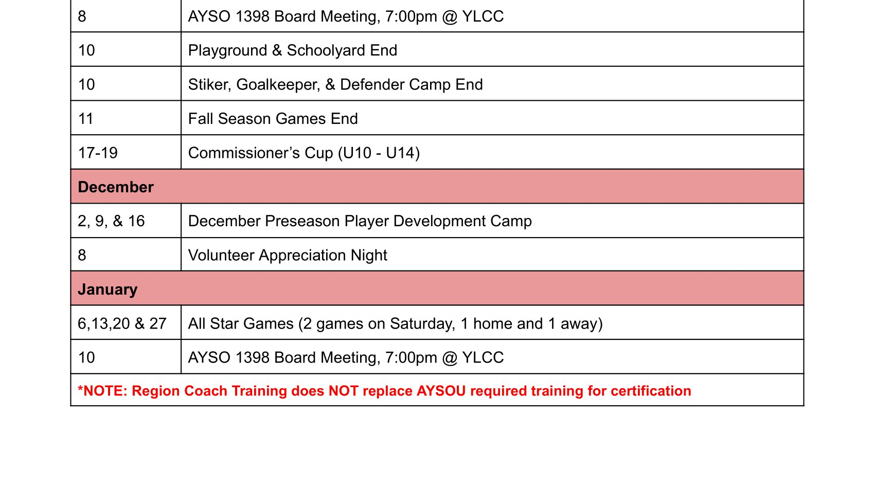 AYSO 1398 Dates